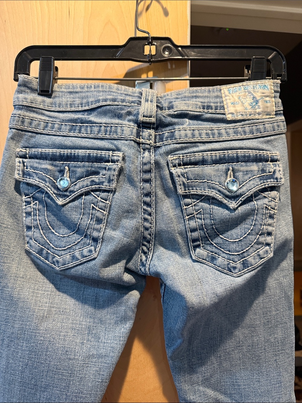 True Religion Light Blue Women's Bootcut Jeans with Embellished Back Pockets